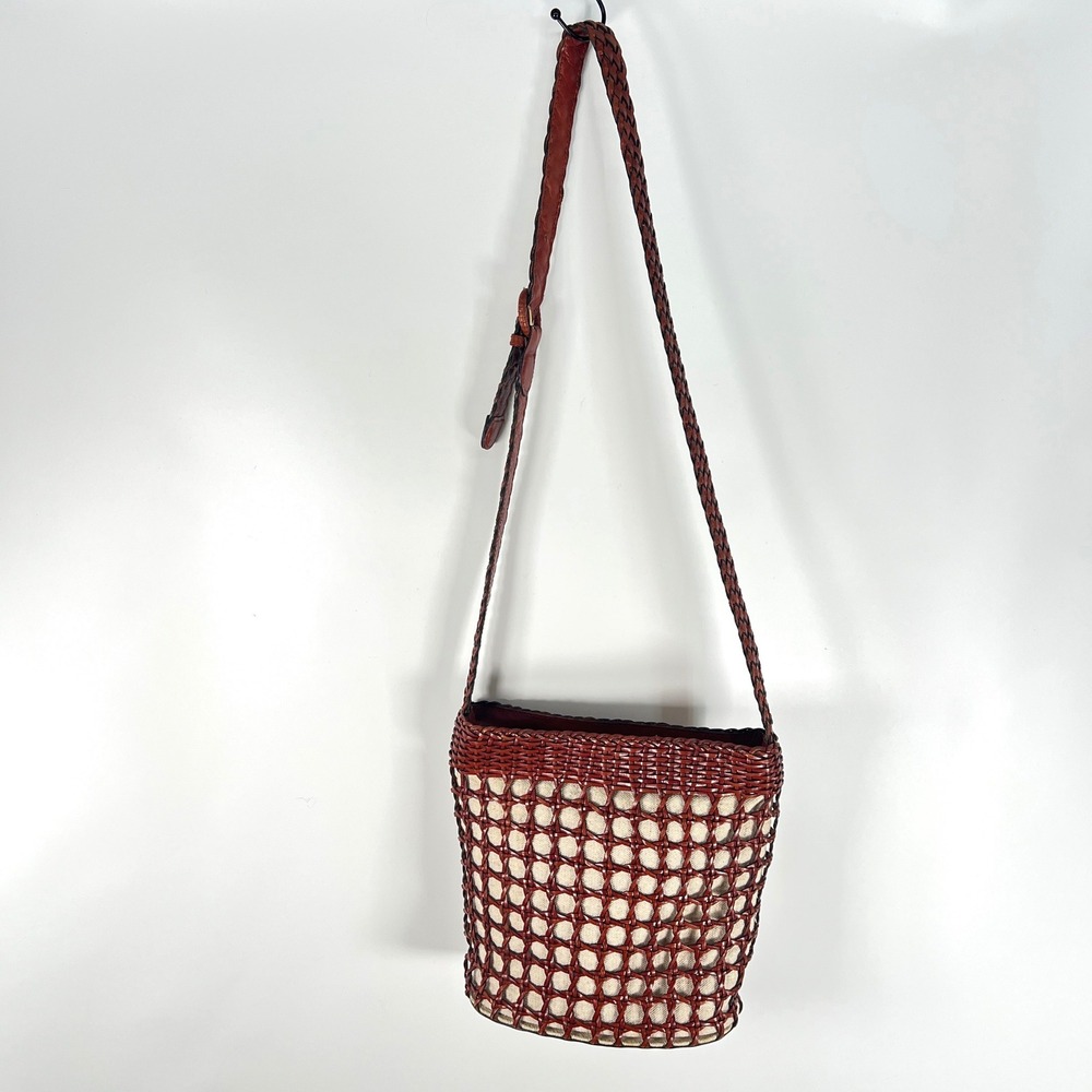 Talbots Woven Leather Shoulder Bag Cognac Brown Linen Lined Bucket Bag